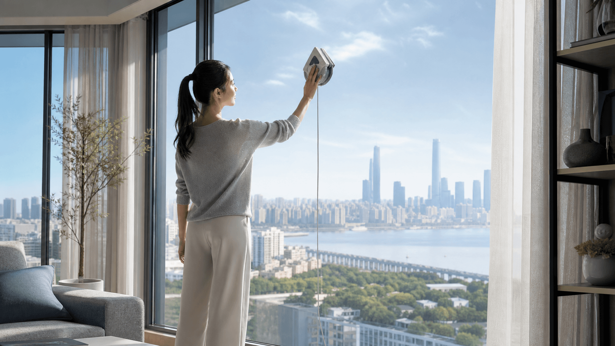 Cleaning the outside of a high-rise window safely from inside the room